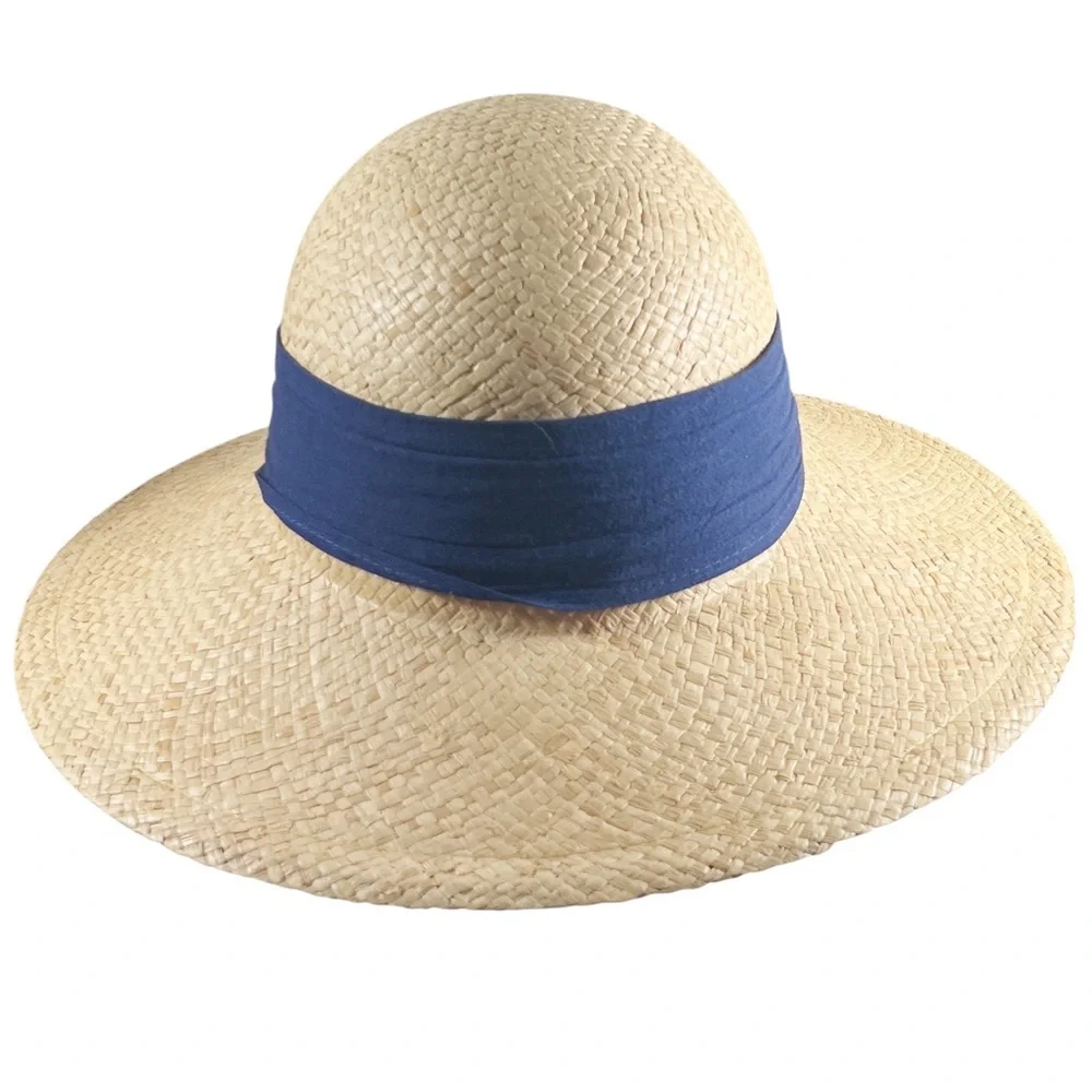 Elegant Woven Straw Sun Hat with Navy Blue Band EUC Beach Resort Cruise Vacation